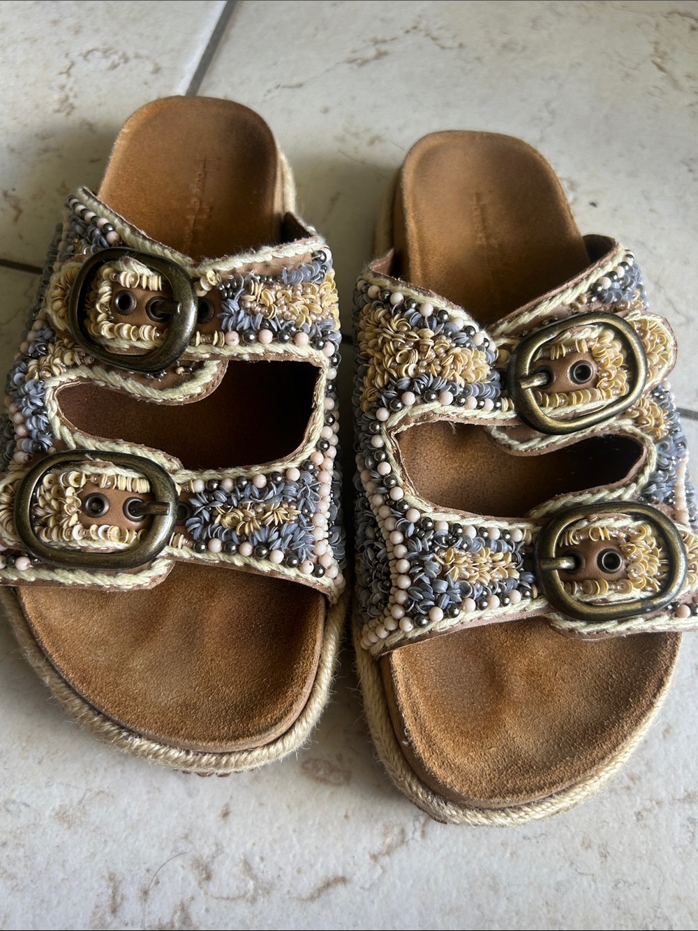 House of Harlow 1960 Woven Double-Buckle Slide Sandals in Beige and Gray